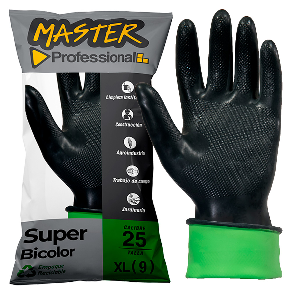 Guantes de Caucho Bicolor Negro Verde Calibre 25 talla 9 Par Master