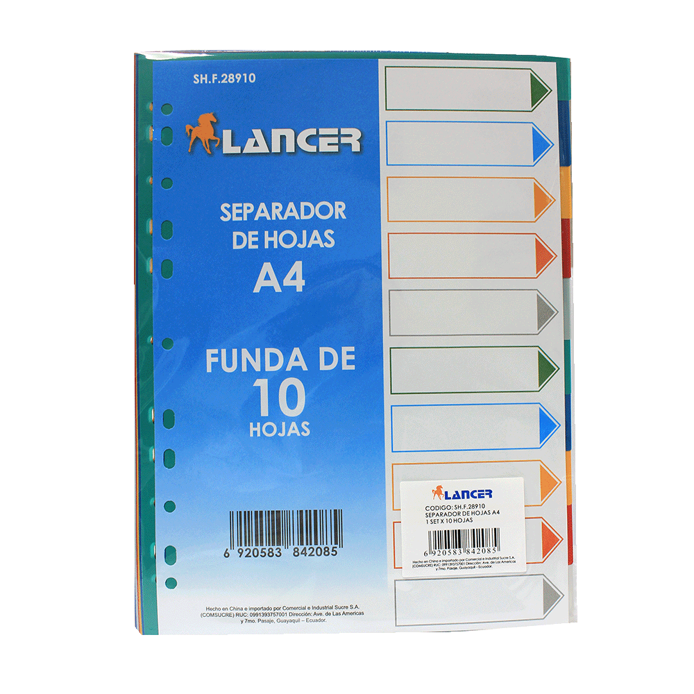 Separador de Hojas A4 Varios Colores Paquete x 10 unidades Lancer