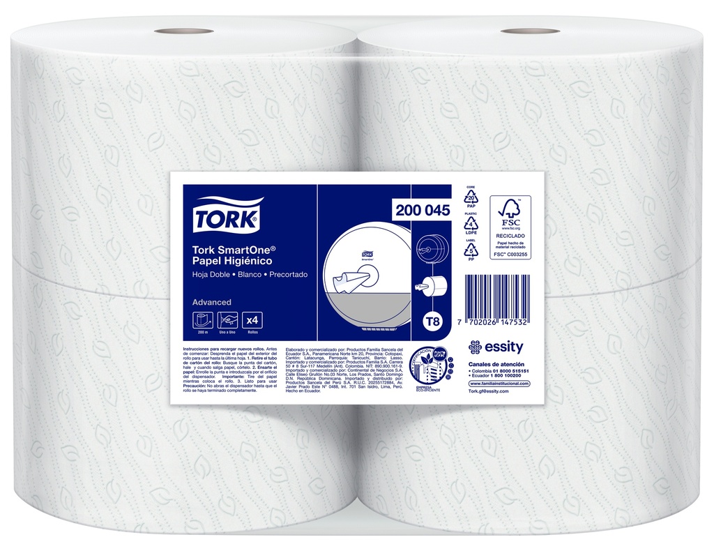 Papel Higienico BLANCO Hoja Doble Precortada SmartOne Rollos de 200 m Tork (Bulto x 4 rollo)