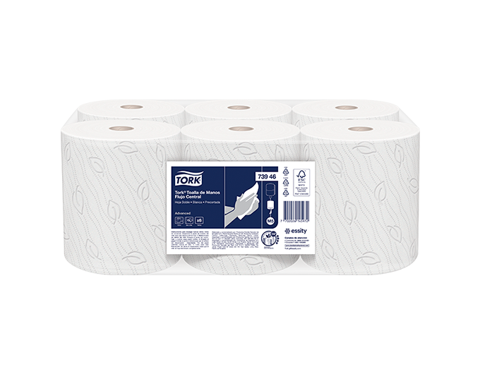 Toalla de Manos Flujo Central Blanca Hoja Doble Precortada Rollo de 120 m Tork (Bulto x 6 Rollos)