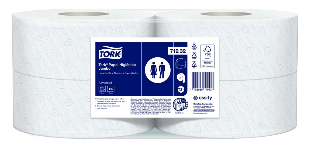 Papel Higienico Jumbo Blanco Hoja Doble Precortado Rollos de 250 m Tork (Blt x 4 rollos)