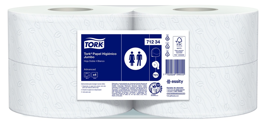 Papel Higienico Blanco Hoja Doble Precortado Rollos de 200 m Tork (Blt x 04 Rollos)