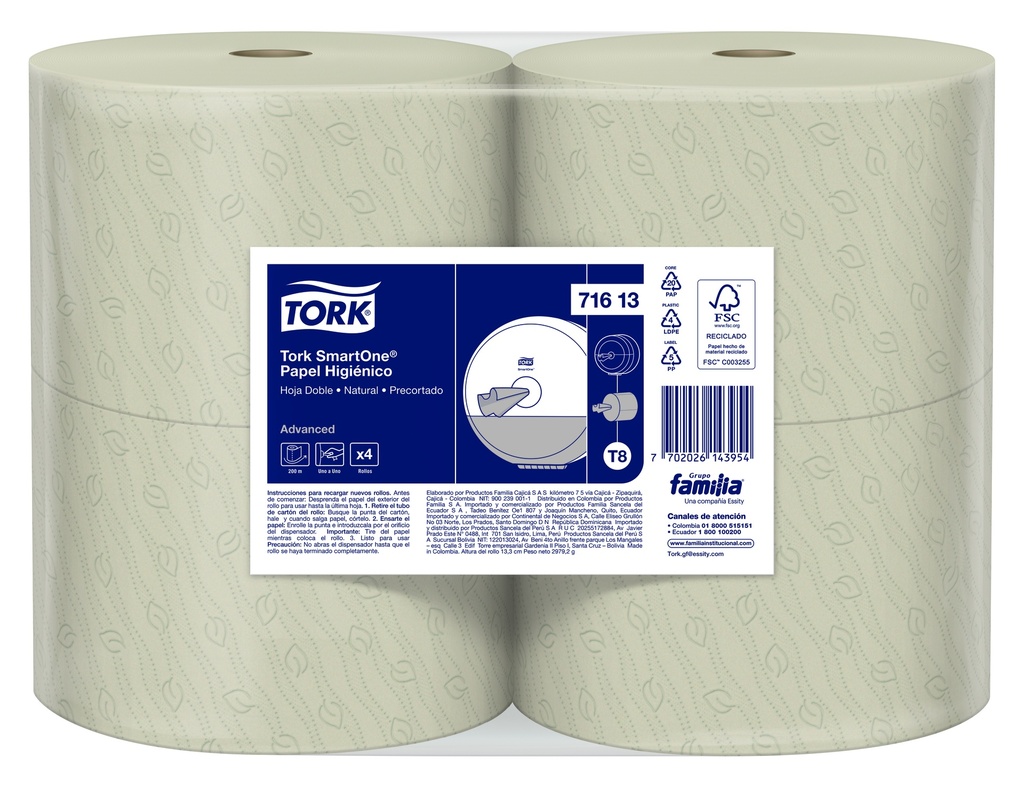 Papel Higienico NATURAL Hoja Doble Precortada SmartOne Rollo de 200 m Tork (Blt x 04 Rollos)
