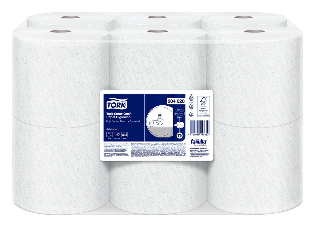 Papel Higienico BLANCO Hoja Doble Precortada SmartOne MINI Rollo de 110 m Tork (Blt x 12 Rollos)