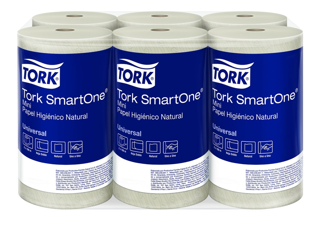 Papel Higienico NATURAL Hoja Doble Precortada SmartOne MINI Rollos de 100 m Tork (Blt x 12 Rollos)