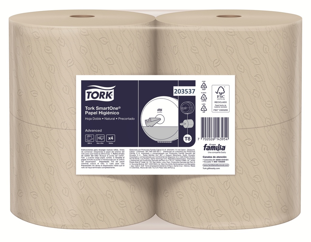 Papel Higienico NATURAL Hoja Doble Precortada SmartOne Rollo de 200 m Tork (Blt x 04)