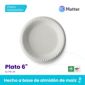 Plato Blanco de Almidón de Maíz Circular 6 pulg Paq x 50 uds Matter