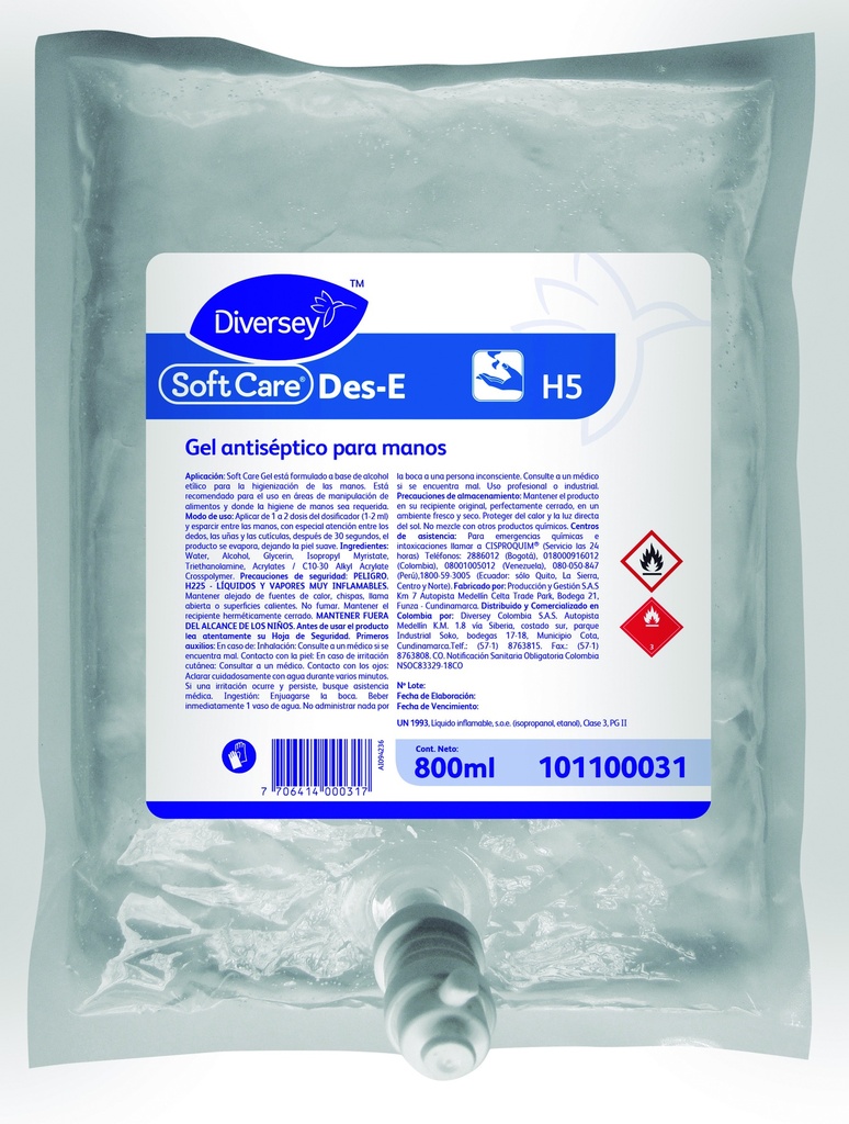 Gel Sanitizante de Manos Soft Care Des-E H5 800ml Repuesto DIVERSEY 