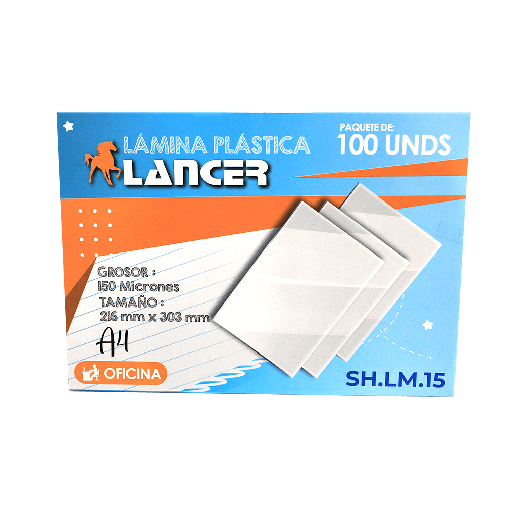 Lámina Plástica A4 216mmx303mm 175 micrones paquete x 100 unidades Lancer 