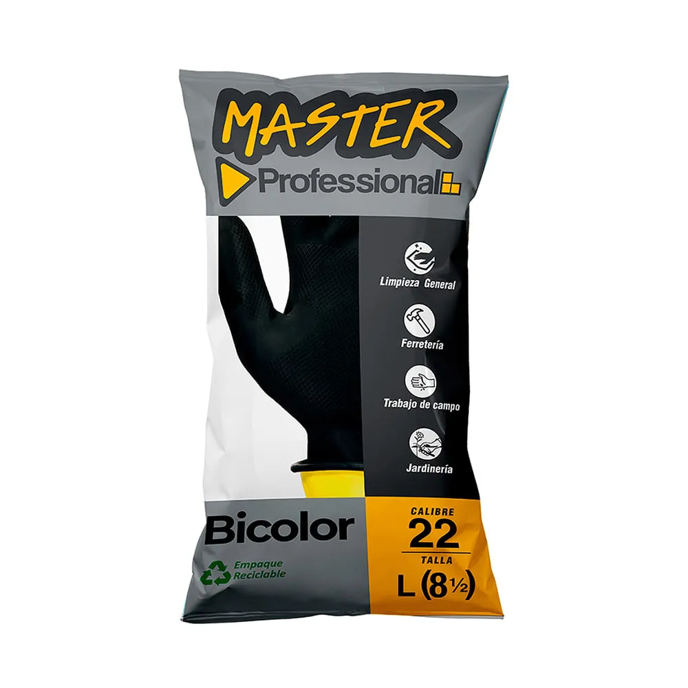 Guantes Domesticos Bicolor Negro Amarillo Calibre 22 Talla 8 x1 Par Master
