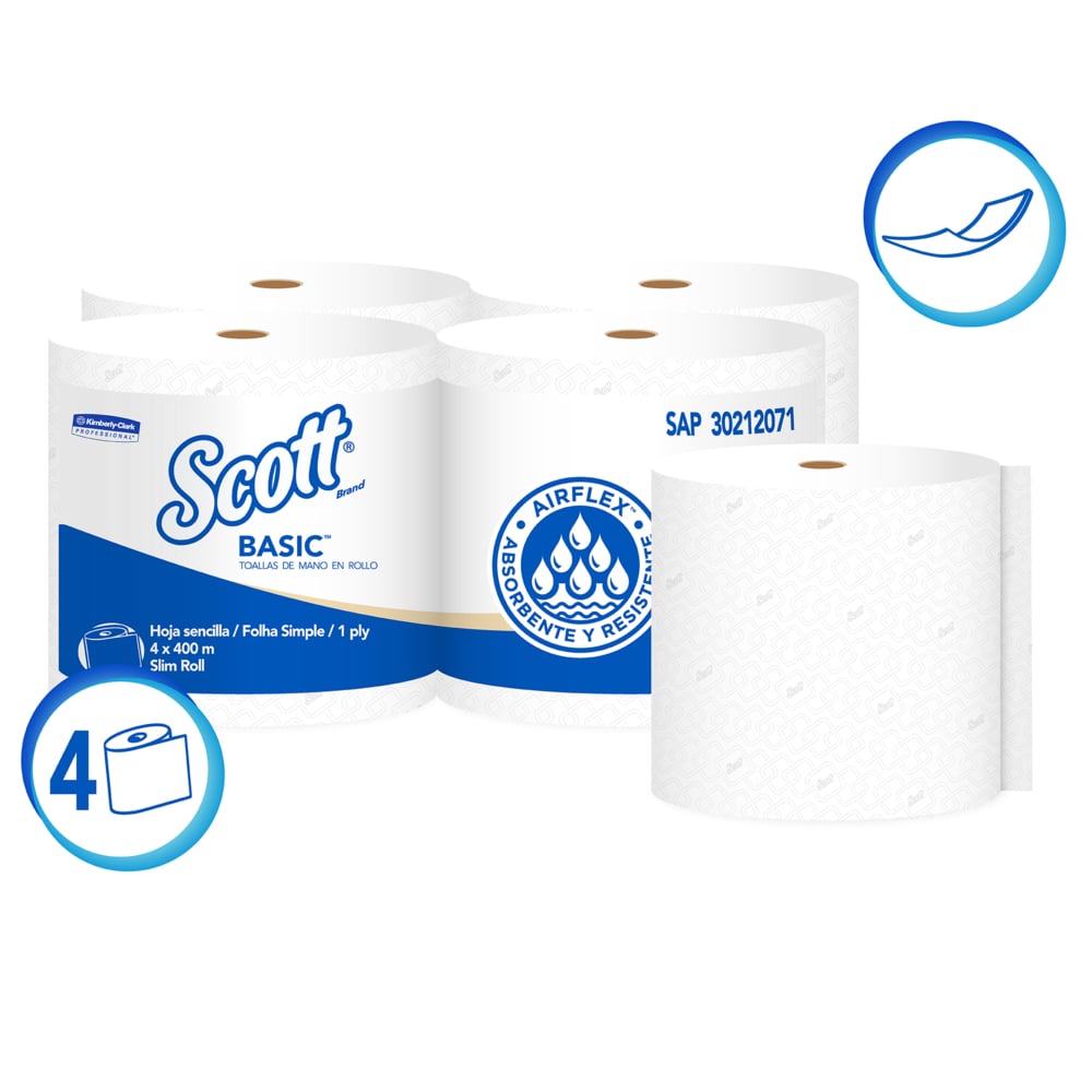 Toalla de Manos Megarollo AirFlex Ahorramax Blanca Hoja Sencilla Rollo de 400 m Scott