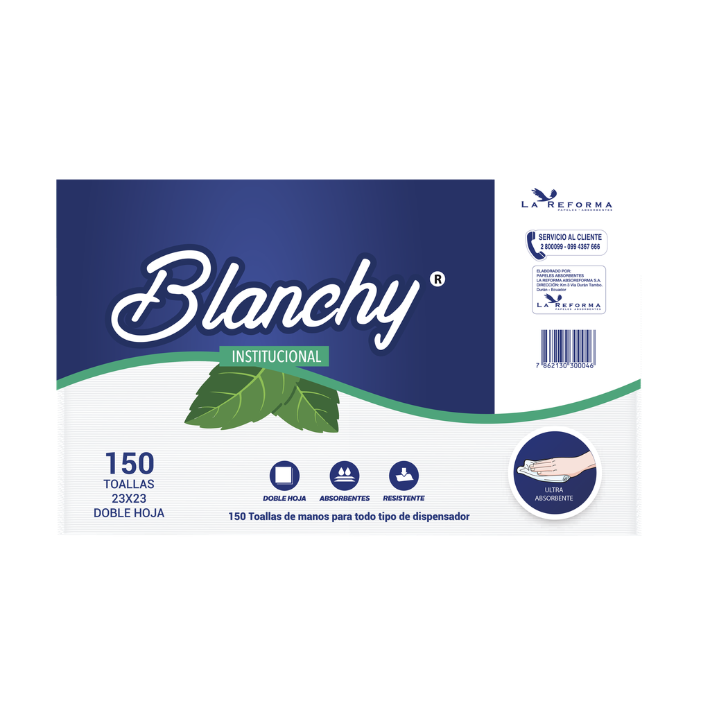 Toalla de Manos Doblada en Z Blanca Hoja Doble Paq x 150 Toallas Blanchy