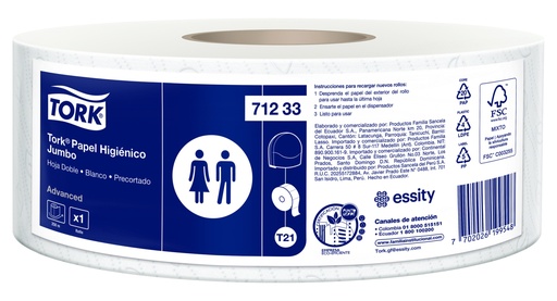 [71233] Papel Higienico Blanco Hoja Doble Precortado Rollo de 250 m Empaque individual Tork