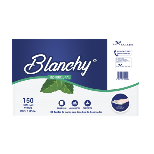 [ITM000000605] Toalla de Manos Doblada en Z Blanca Hoja Doble Paq x 150 Toallas Blanchy
