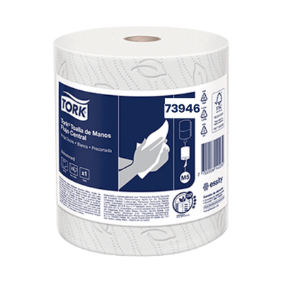[73946] Toalla de Manos Flujo Central Blanca Hoja Doble Precortada Rollo de 120 m Tork