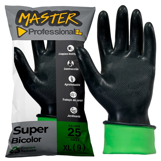 [ITM000000823] Guantes de Caucho Bicolor Negro Verde Calibre 25 talla 7.5 Par Master