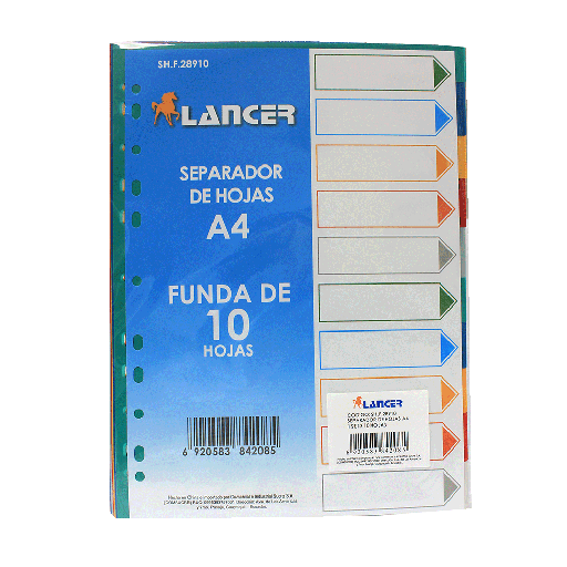 [ITM000001002] Separador de Hojas A4 Varios Colores Paquete x 10 unidades Lancer