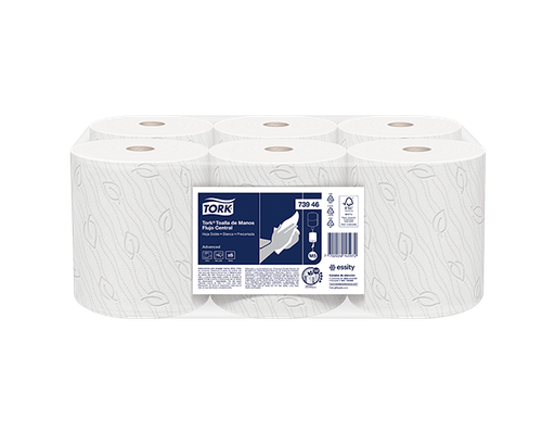 [73946-BLT] Toalla de Manos Flujo Central Blanca Hoja Doble Precortada Rollo de 120 m Tork (Bulto x 6 Rollos)