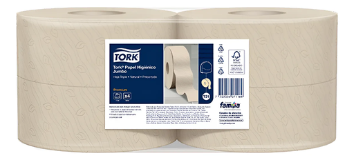 [203549] Papel Higienico Jumbo Natural Hoja Doble Precortado Rollos de 180 m Tork (Blt x 06 rollos)