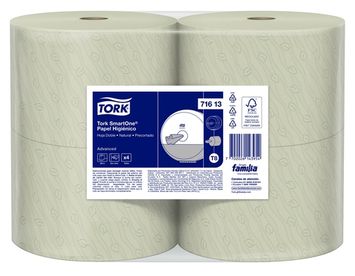 [71613-BLT] Papel Higienico NATURAL Hoja Doble Precortada SmartOne Rollo de 200 m Tork (Blt x 04 Rollos)