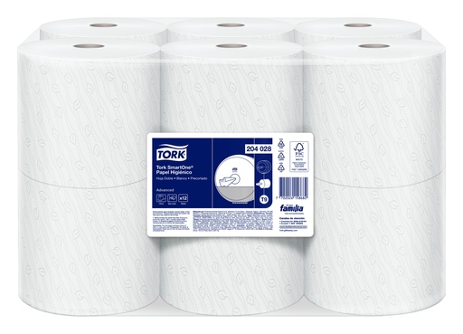 [204028-BLT] Papel Higienico BLANCO Hoja Doble Precortada SmartOne MINI Rollo de 110 m Tork (Blt x 12 Rollos)