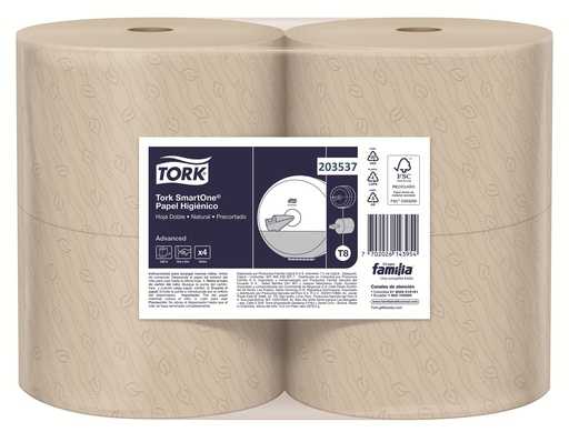 [203537-BLT] Papel Higienico NATURAL Hoja Doble Precortada SmartOne Rollo de 200 m Tork (Blt x 04)