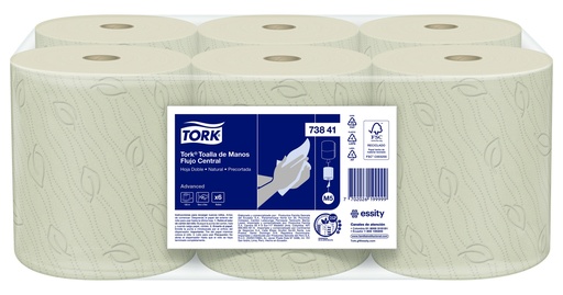 [73841-BLT] Toalla de Manos Flujo Central NATURAL Hoja Doble Precortada Rollos de 120 m Tork (Bulto x 6 Rollos)