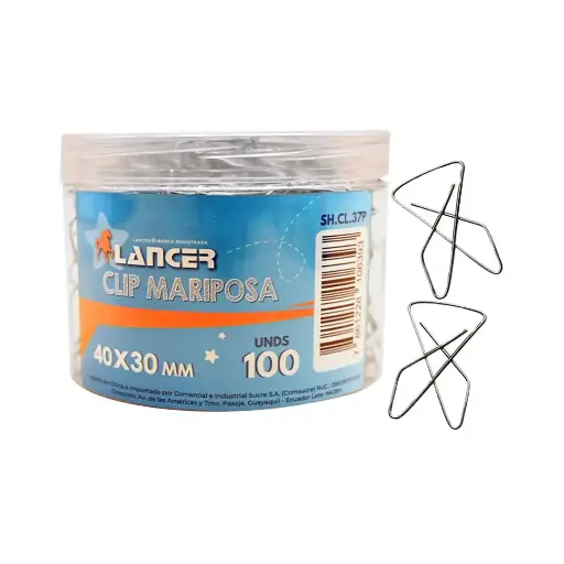[ITM000001407]  Clip Mariposa Metálico 40x30MM Caja X 100 Unidades Lancer